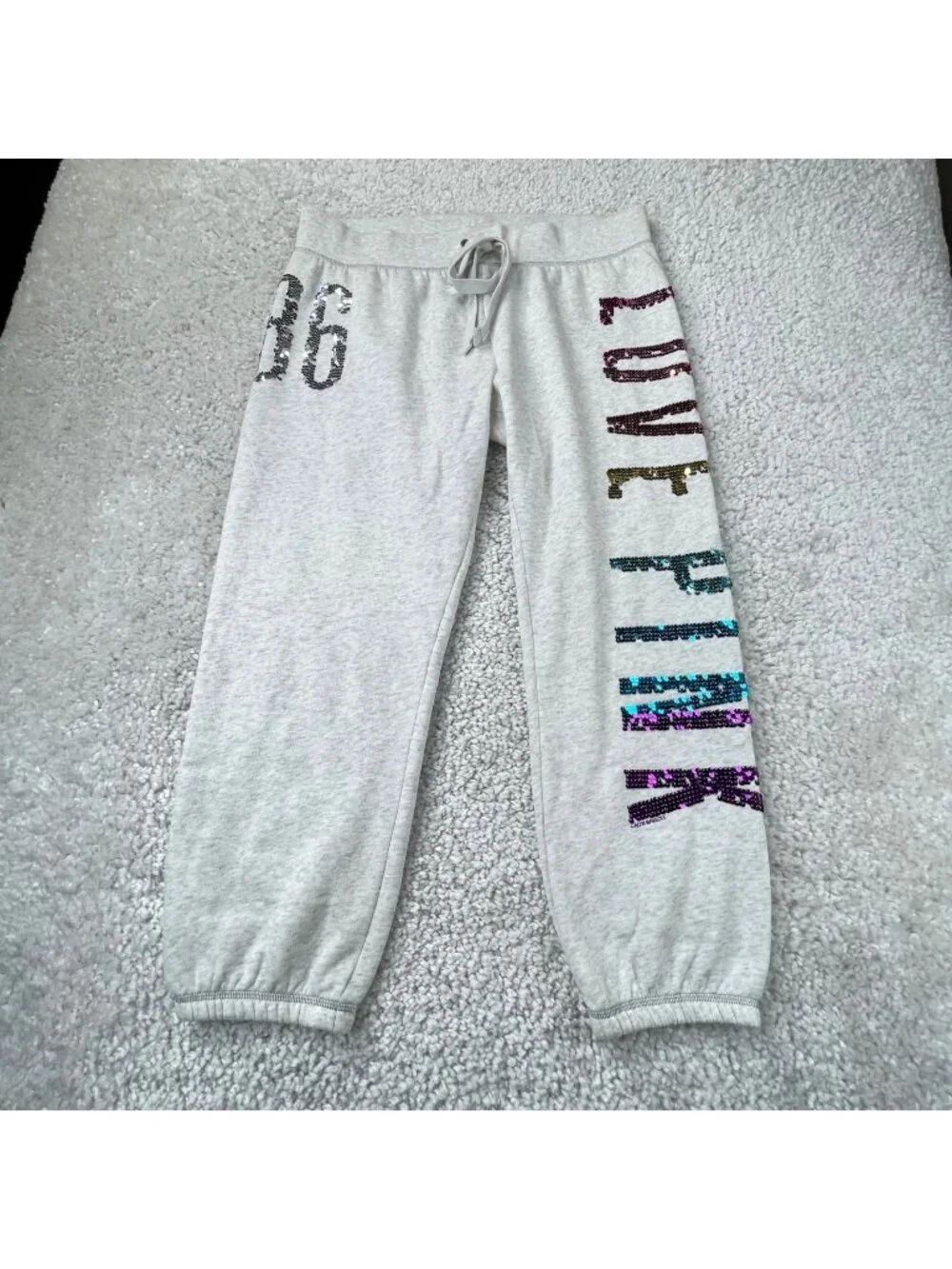 Victoria's Secret Pink Limited Edition Sequin Crop Jogger Sweatpan Womens Large